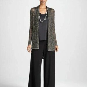 Eileen Fisher Open Knit Metallic Cardigan Sweater Duster Lightweight Long Sleeve
